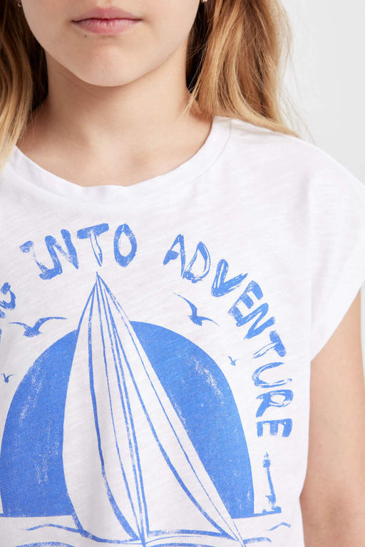 Укороченная футболка с короткими рукавами и круглым вырезом для девочек с морским принтом - Defacto фото 5