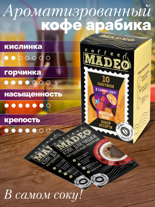 Кофе молотый в пакетиках Набор порционный В самом соку! 10 шт*10 г - Madeo фото 3