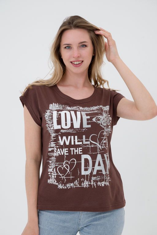 Футболка женская со спущенным плечом из кулирки Лира шоколад с принтом Love - Амадэль фото 6