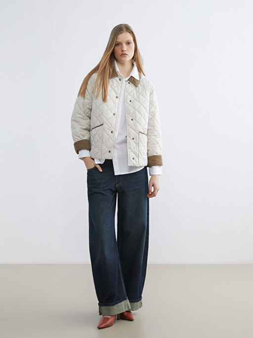 Kadife G?mlek Yaka Kapitone Kad?n ?i?me Mont