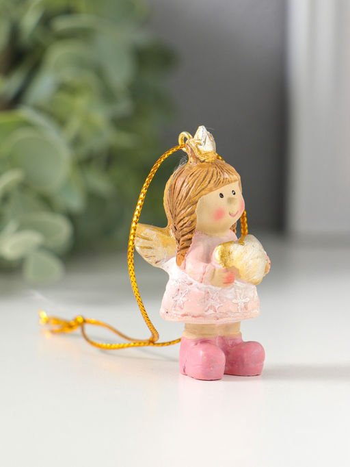 Цена за 2 шт. Фигурка - подвеска полистоун «Малышка-ангел в розовом платье, с сердцем в руках», ёлочная игрушка, 3×2.5×5.5 см