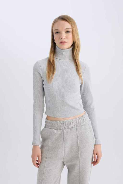 Классная облегающая водолазка в рубчик, базовая однотонная футболка с длинными рукавами - Defacto фото 4