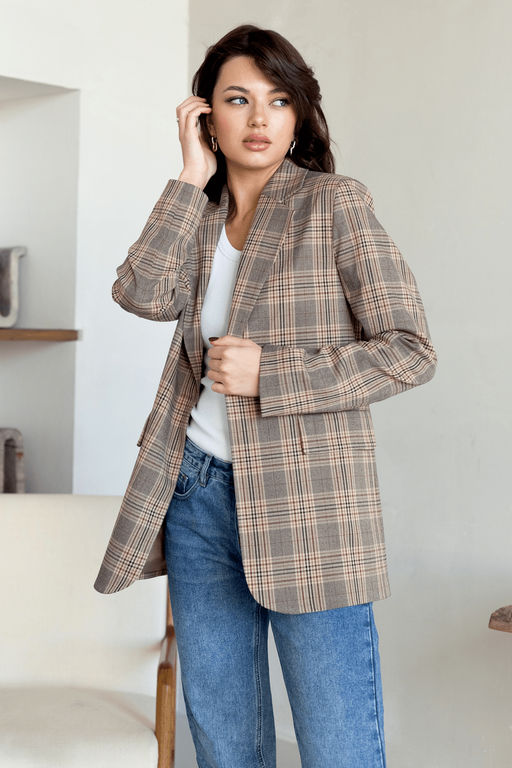 Песочный жакет клетка в стиле оверсайз