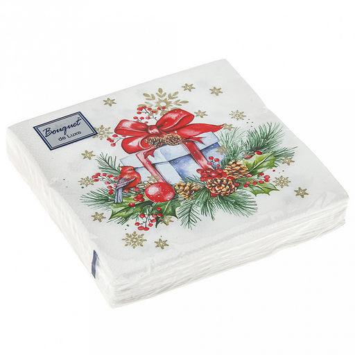 Салфетки бумажные "Bouquet de Luxe" 24х24см, 3-х слойные, 25 штук в упаковке, 100% целлюлоза, "Подарок на Новый год" (Россия)