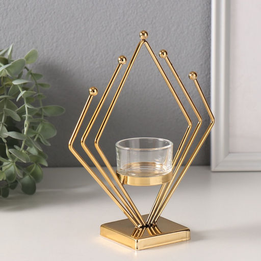 Подсвечник на 1 свечу «Золотой ромб», металл, стекло, d=4.5 см, 6×16×19 см