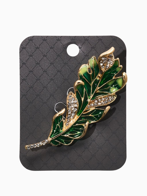 Брошь «Перо» прозрачное, зелёный, белый в золоте