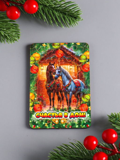 Цена за 3 шт. Магнит на холодильник Новогодняя лошадь. Счастья в дом, 9.5?6.5 см - Дарим красиво фото 2