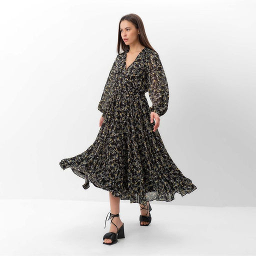 Платье женское миди с поясом MIST, чёрное с цветами, размер 44