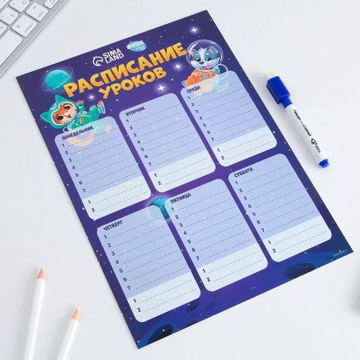Расписание уроков «Животные в космосе» А4, многоразовое магнитное с маркером