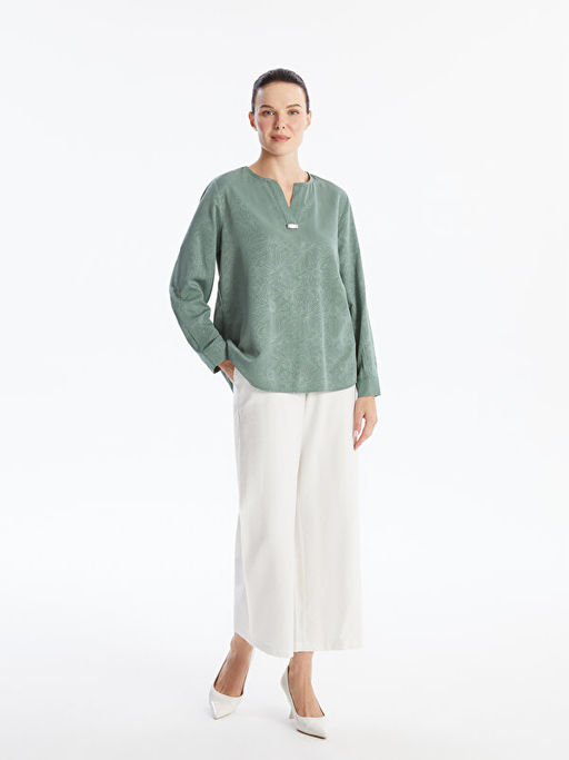 V Yaka ?i?ekli Uzun Kollu Kad?n Bluz