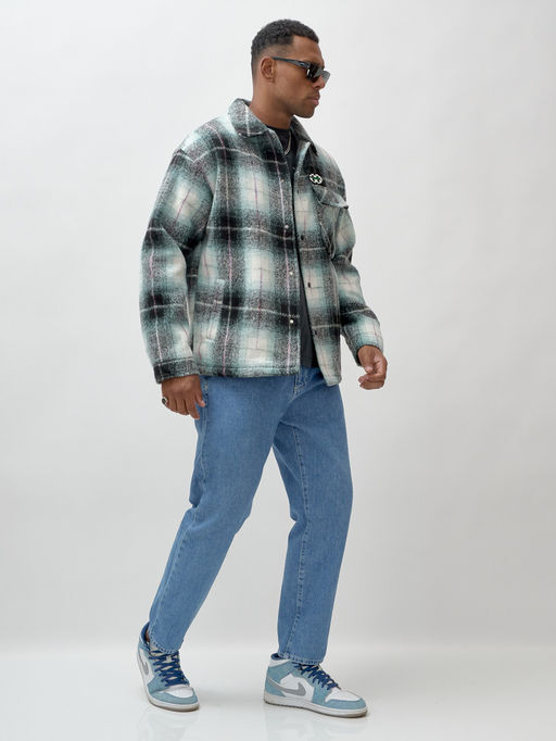 Куртка рубашка шерстяная в клетку мужская демисезонная зеленого цвета 58592Z