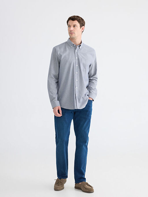 Regular Fit ?izgili Keten G?r?n?ml? Erkek G?mlek