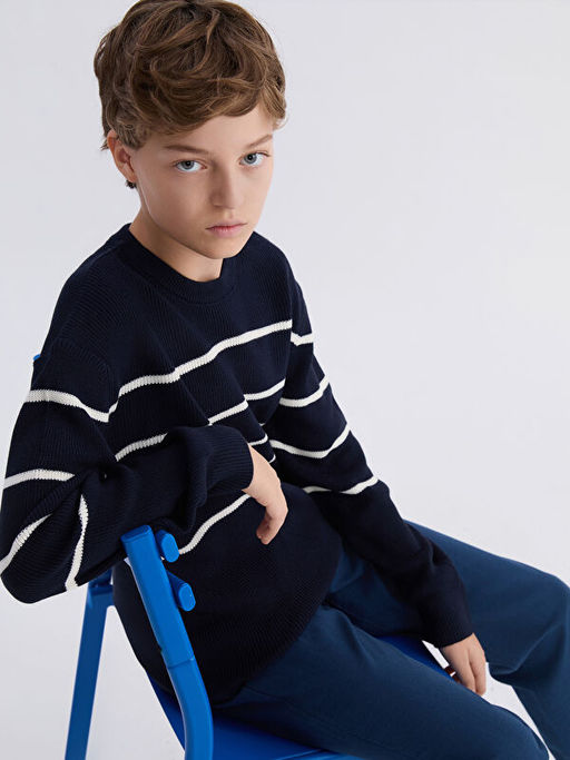 Bisiklet Yaka ?izgili Erkek ?ocuk Triko Kazak