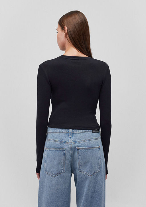 Uzun Kollu Siyah Basic Tisort - Mavi фото 4