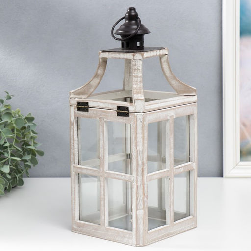 Деревянный подсвечник-фонарь на 1 свечу «Веранда», набор 2 шт., белый состаренный, 35×15×15 см; 53×20×20 см