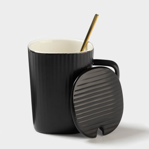 Кружка Elegant, 320 мл, 11.5×8×10.5 см, с крышкой и ложкой, керамика, чёрная