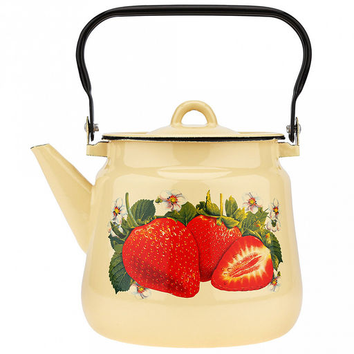 "Клубника садовая" Чайник эмалированный 3,5л, д19см, h18см, металлическая крышка, подвижная металлическая ручка, кремовый (Россия)