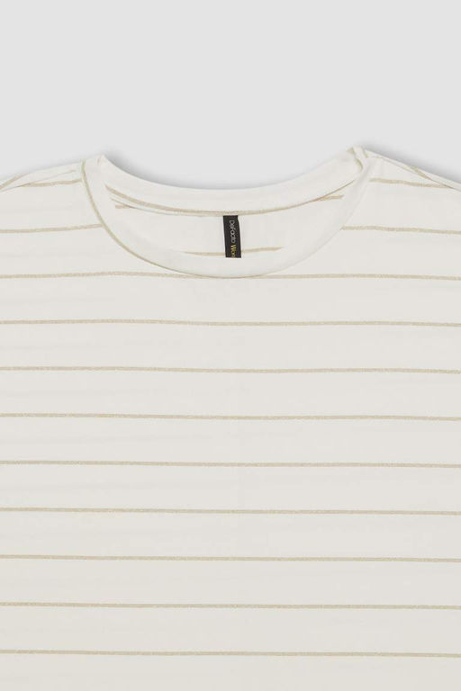 Женская полосатая футболка обычного кроя с круглым вырезом и короткими рукавами - Defacto фото 2