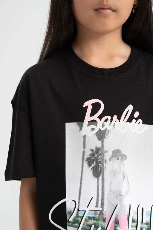 Футболка с круглым вырезом и короткими рукавами для девочек Barbie Relax Fit - Defacto фото 5