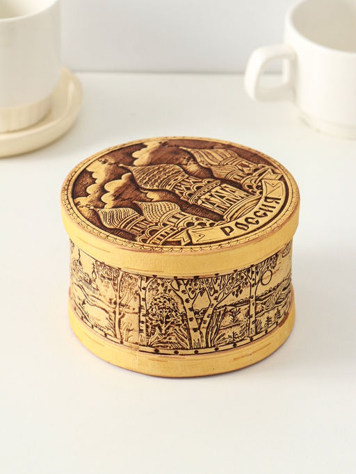 Шкатулка круглая "Россия", 12х7см, береста
