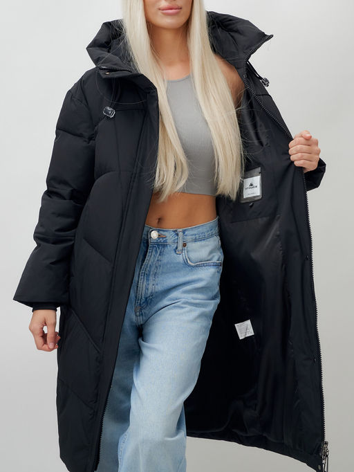 Пальто летучая мышь женское с капюшоном зимнее черного цвета 9616Ch - Mtforce фото 13