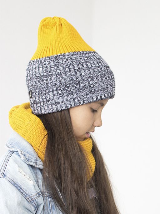 Шапка вязаная-резинка весенняя/осенняя (Горчица и Черный-белый меланж) КЭП - Jumbi фото 2