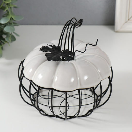 Шкатулка для украшений «Тыква с листочком», металл, керамика, белая с чёрным, 14×14×13 см