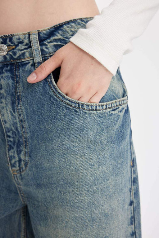 Джинсовые брюки до щиколотки Baggy Fit с высокой талией и складками, потертые брюки - Defacto фото 5