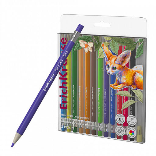 Цена за 12 шт. Цветные карандаши механические ErichKrause Safari шестигранные, грифель 3 мм, 12 цветов с точилкой (в ПЭТ-боксе с европодвесом 12 шт)