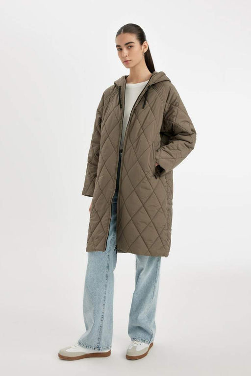 Стеганое узкое пальто Relax Fit с капюшоном и паркой - Defacto фото 7