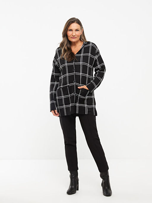 Kap??onlu Ekose Uzun Kollu Kad?n Triko H?rka