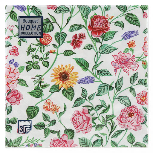 Салфетки бумажные "Bouquet Home Collection Classic" 33х33см, 3-х слойные, 20 штук в упаковке, 100% целлюлоза, "Цветочный калейдоскоп" (Россия)