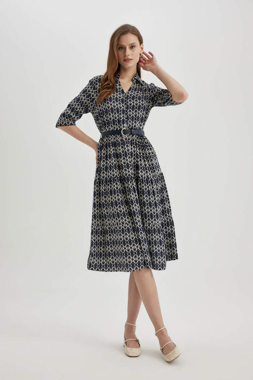 Платье миди с воротником-рубашкой и узором до половины рукава - Defacto фото 4