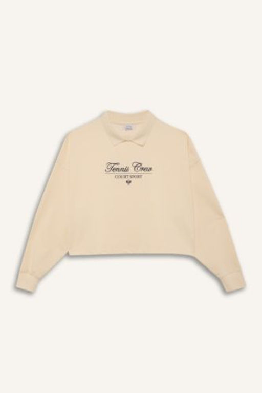 DeFactoFit Oversize Genis Kal?p Polo Yaka Bask?l? Sporcu Sweatshirt