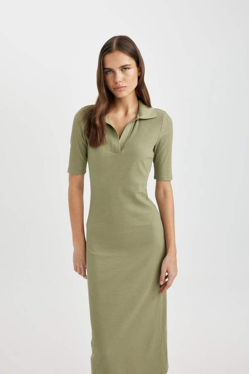 Облегающее платье миди с воротником-поло в рубчик и короткими рукавами - Defacto фото 5