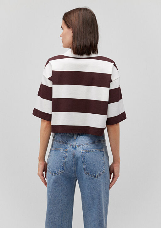 Cizgili Crop Polo Tisort - Mavi фото 4