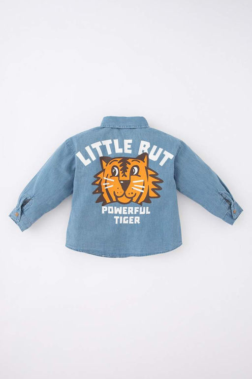 Джинсовая рубашка с длинными рукавами и принтом на спине для маленьких мальчиков - Defacto фото 9
