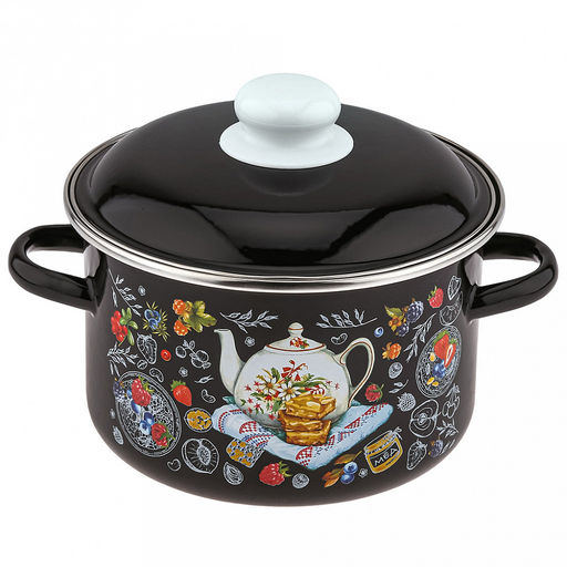 Десерт к чаю Кастрюля эмалированная 3л, д20см, h12,5см, цилиндрическая форма, металлическая крышка, черный (Россия)