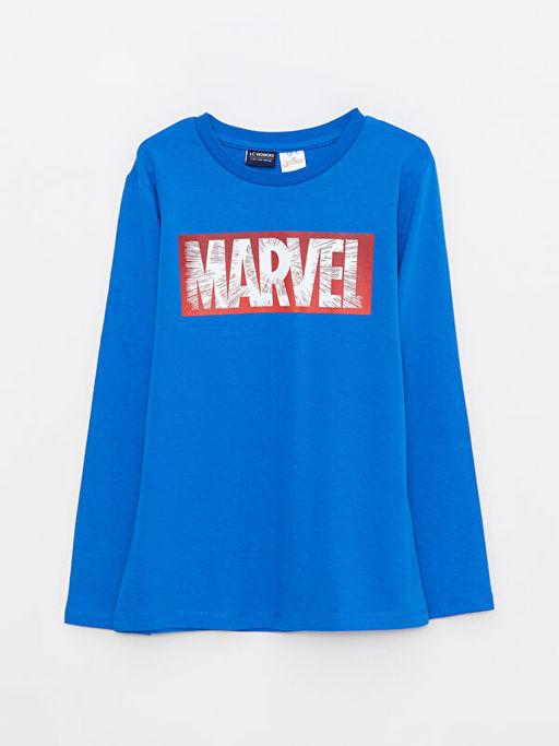 Bisiklet Yaka Marvel Bask?l? Uzun Kollu Pamuklu Erkek ?ocuk Ti??rt