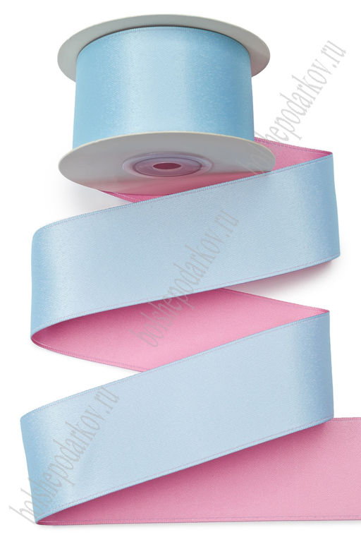Лента сатиновая двусторонняя 4 см*10 ярд (SF-7777) голубой/розовый №19