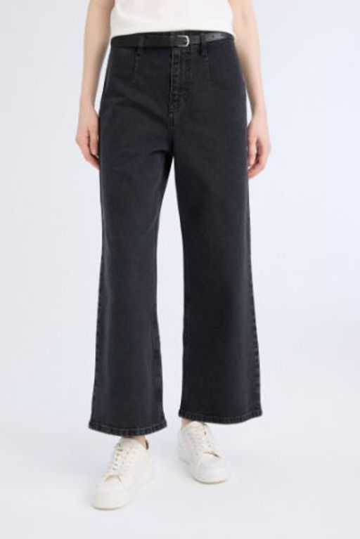 Culotte Yuksek Bel Rahat Kal?p Bilek Boy Ispanyol Paca Kemerli Jean Y?kamal? Pantolon