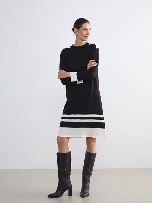 Bisiklet Yaka Renk Bloklu Triko Elbise