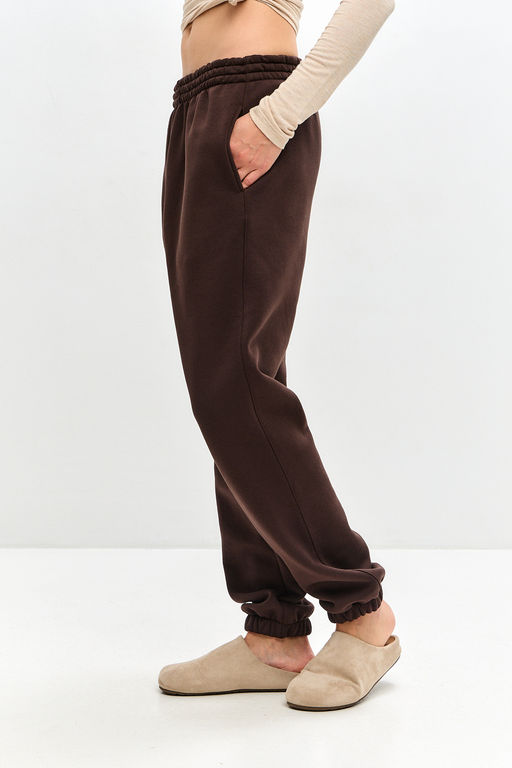 Брюки женские из футера трехнитка с начесом Сова шоколад макси