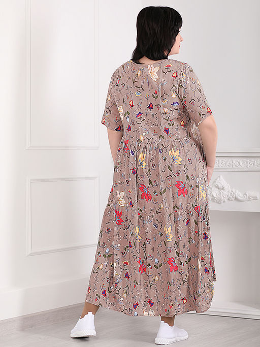 Платье женское светло-коричневое с цветочным принтом - Almond фото 2