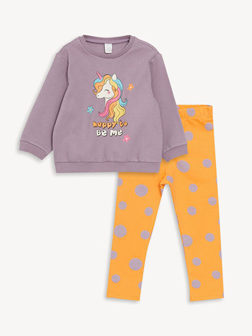Bisiklet Yaka Uzun Kollu Bask?l? K?z Bebek Sweatshirt ve Tayt 2li Tak?m
