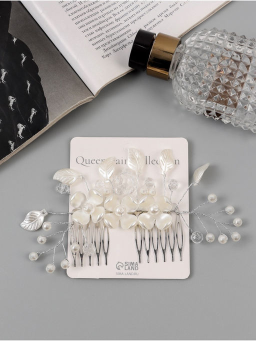 Гребень для волос QF «Эмилия», цветы листочки, 11×6.5 см, белый