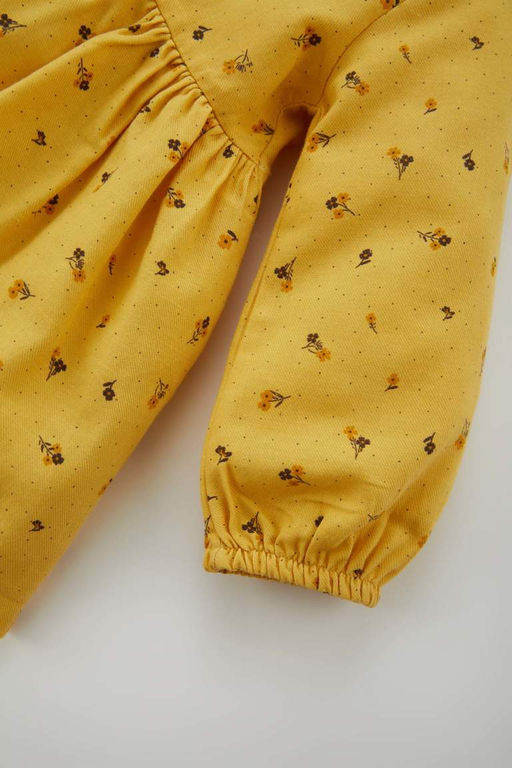 Саржевое платье с длинными рукавами и цветочным принтом для маленьких девочек - Defacto фото 3