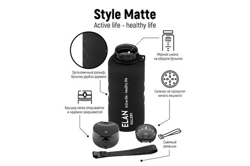Бутылка для воды 1,5 л 10*10*28,5 см "Style Matte" с углублениями д/пальцев черная