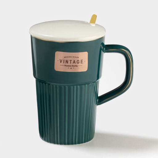 Кружка керамическая с крышкой и ложкой Vintage, 350 мл, цвет изумрудный