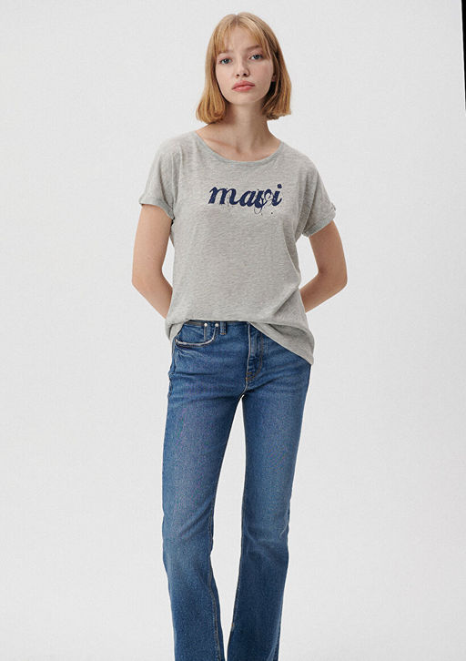Mavi Logo Bask?l? Gri Tisort